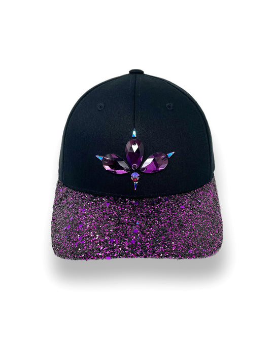 Black curved peak cap with purple and black glitter mix peak. 3D Jukebox logo emblem centre front, stylish streetwear, eye catching accessory, adjustable, snapback, party hat, halloween, festival hat, urban, crystals, rhinestones, unique headwear, made in the UK