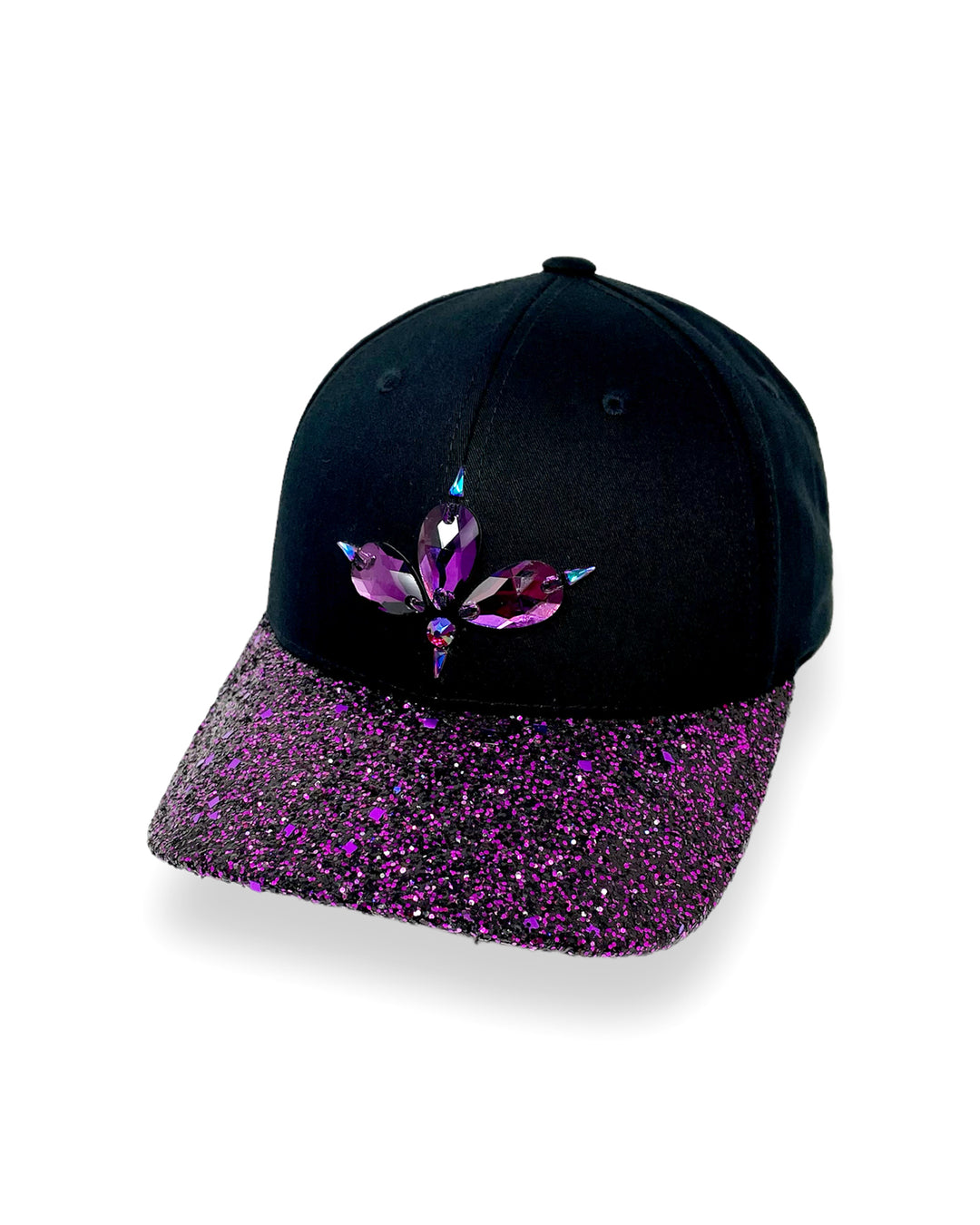 Black curved peak cap with purple and black glitter mix peak. 3D Jukebox logo emblem centre front, stylish streetwear, eye catching accessory, adjustable, snapback, party hat, halloween, festival hat, urban, crystals, rhinestones, unique headwear, made in the UK