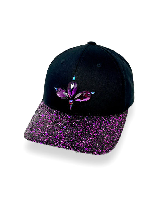 Black curved peak cap with purple and black glitter mix peak. 3D Jukebox logo emblem centre front, stylish streetwear, eye catching accessory, adjustable, snapback, party hat, halloween, festival hat, urban, crystals, rhinestones, unique headwear, made in the UK