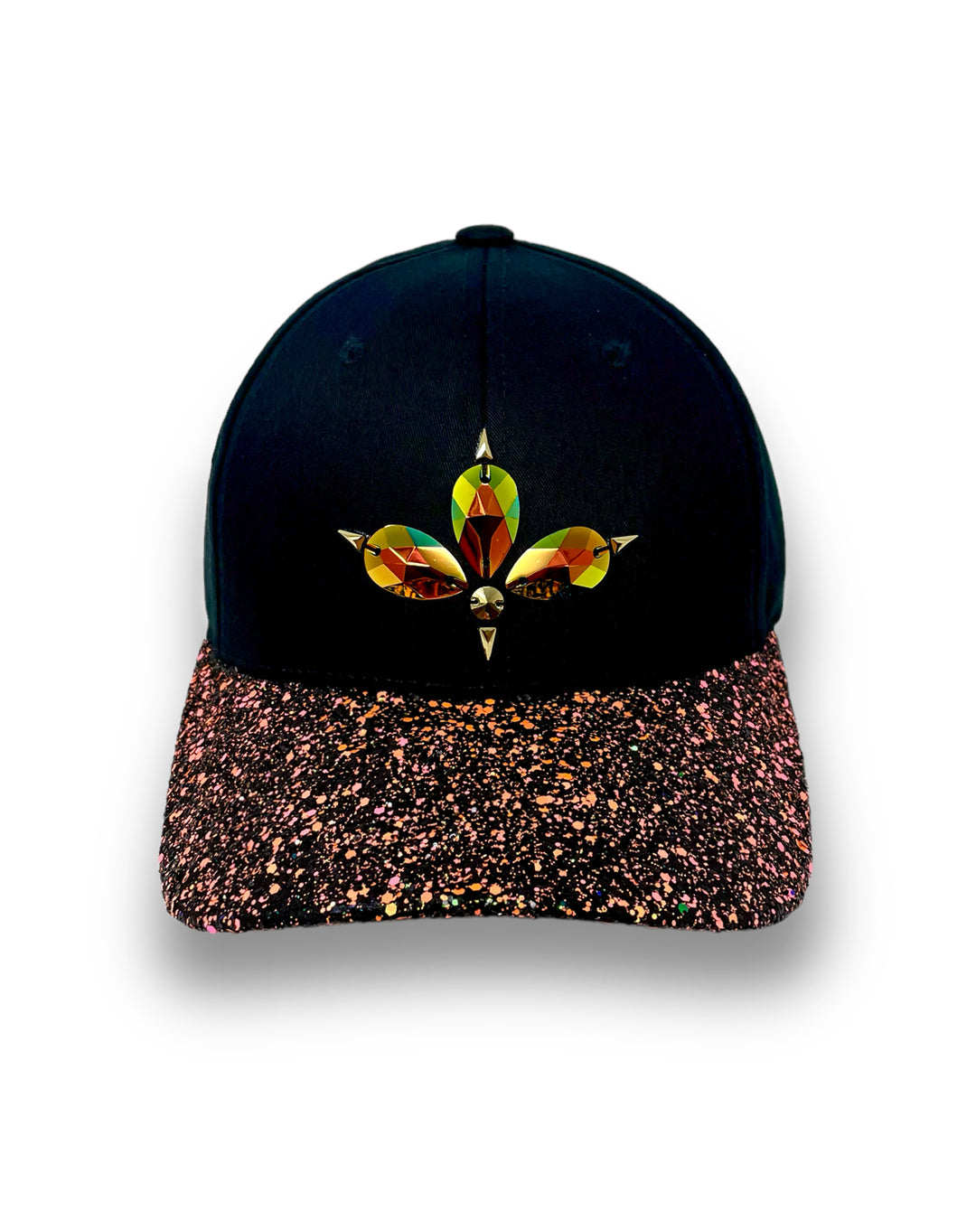 Black curved peak cap with neon UV orange and black glitter mix peak. 3D Jukebox logo emblem centre front, stylish streetwear, eye catching accessory, adjustable, snapback, party hat, glow, festival hat, urban, crystals, rhinestones, unique headwear, made in the UK