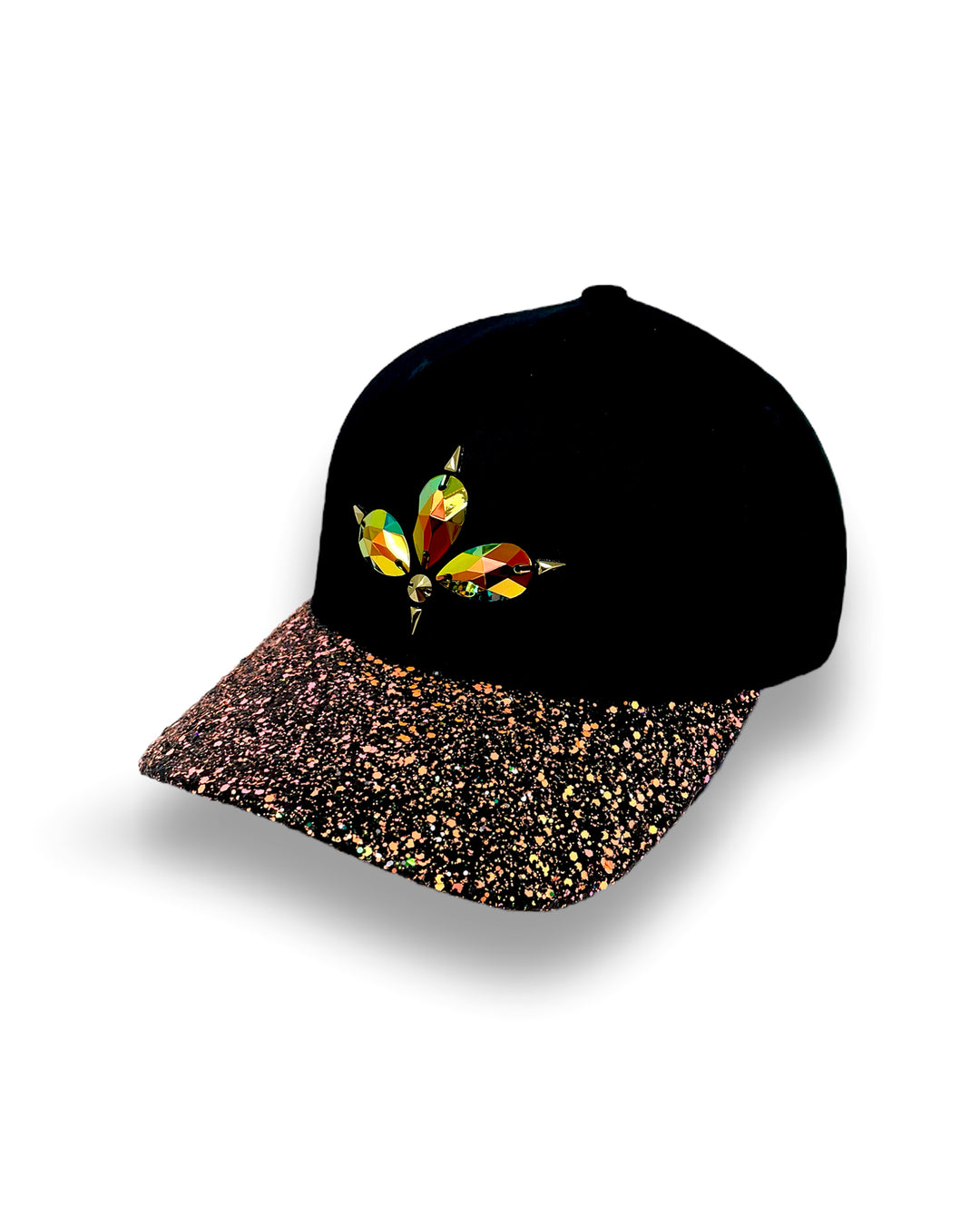Black curved peak cap with neon UV orange and black glitter mix peak. 3D Jukebox logo emblem centre front, stylish streetwear, eye catching accessory, adjustable, snapback, party hat, glow, festival hat, urban, crystals, rhinestones, unique headwear, made in the UK