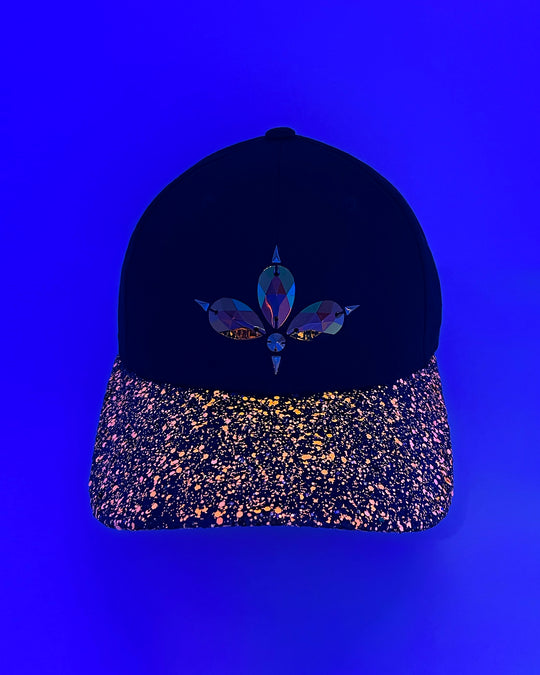 Black curved peak cap with neon UV orange and black glitter mix peak. 3D Jukebox logo emblem centre front, stylish streetwear, eye catching accessory, adjustable, snapback, party hat, glow, festival hat, urban, crystals, rhinestones, unique headwear, made in the UK