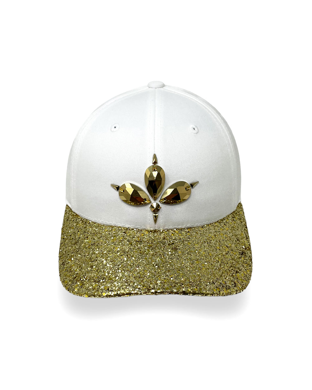 White curved peak cap with metallic gold glitter peak and 3D Jukebox logo emblem centre front, stylish streetwear, eye catching accessory, adjustable, snapback, Bridal hat, party hat, festival hat, urban, crystals, rhinestones, unique headwear, made in the UK