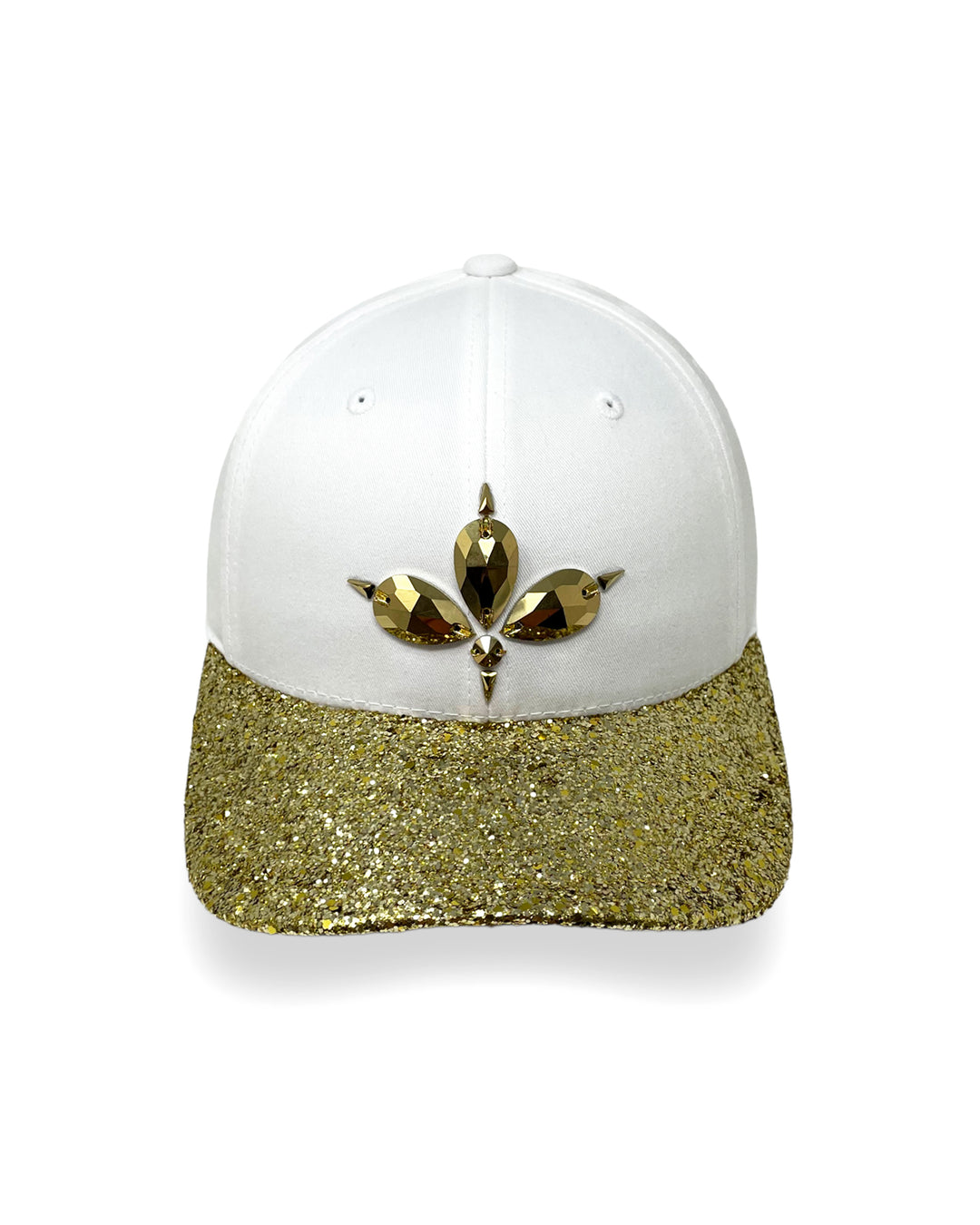 White curved peak cap with metallic gold glitter peak and 3D Jukebox logo emblem centre front, stylish streetwear, eye catching accessory, adjustable, snapback, Bridal hat, party hat, festival hat, urban, crystals, rhinestones, unique headwear, made in the UK