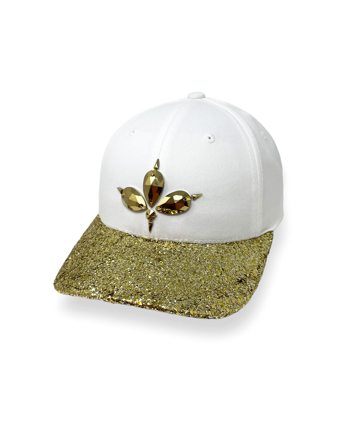 White curved peak cap with metallic gold glitter peak and 3D Jukebox logo emblem centre front, stylish streetwear, eye catching accessory, adjustable, snapback, Bridal hat, party hat, festival hat, urban, crystals, rhinestones, unique headwear, made in the UK