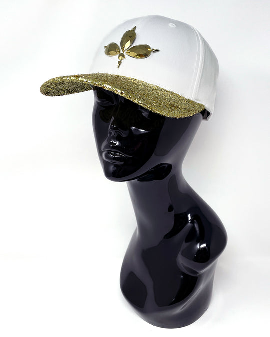 White curved peak cap with metallic gold glitter peak and 3D Jukebox logo emblem centre front, stylish streetwear, eye catching accessory, adjustable, snapback, Bridal hat, party hat, festival hat, urban, crystals, rhinestones, unique headwear, made in the UK