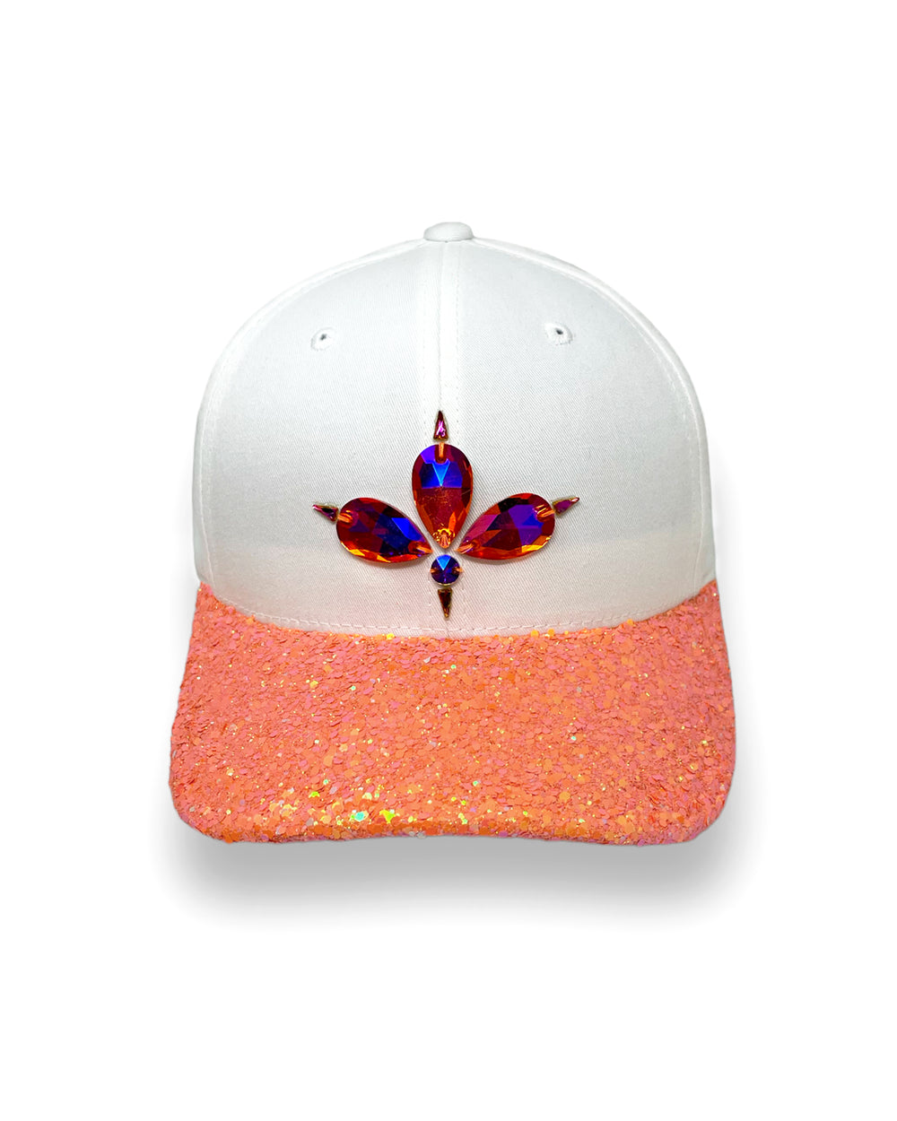 White curved peak cap with a neon UV orange glitter mix peak and 3D Jukebox logo emblem centre front, stylish streetwear, eye catching accessory, adjustable, snapback, Bridal hat, party hat, festival hat, urban, crystals, rhinestones, unique headwear, made in the UK
