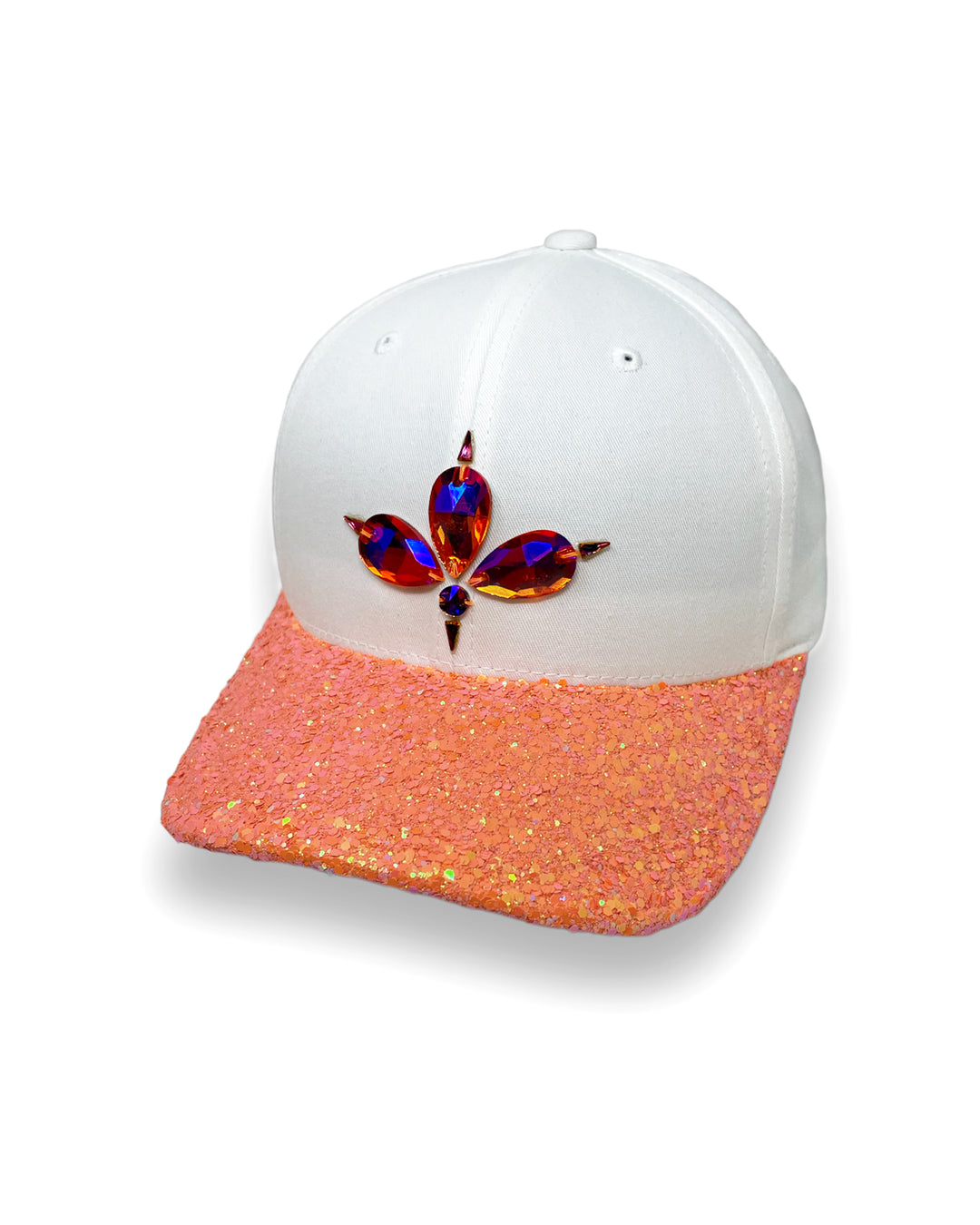 White curved peak cap with a neon UV orange glitter mix peak and 3D Jukebox logo emblem centre front, stylish streetwear, eye catching accessory, adjustable, snapback, Bridal hat, party hat, festival hat, urban, crystals, rhinestones, unique headwear, made in the UK
