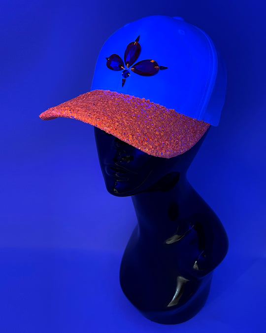 White curved peak cap with a neon UV orange glitter mix peak and 3D Jukebox logo emblem centre front, stylish streetwear, eye catching accessory, adjustable, snapback, Bridal hat, party hat, festival hat, urban, crystals, rhinestones, unique headwear, made in the UK