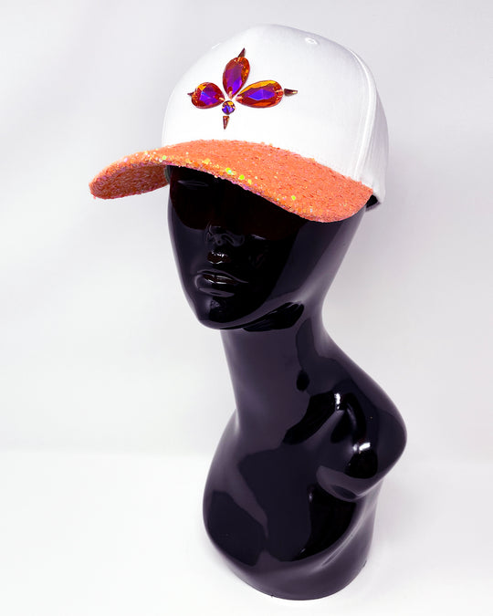 White curved peak cap with a neon UV orange glitter mix peak and 3D Jukebox logo emblem centre front, stylish streetwear, eye catching accessory, adjustable, snapback, Bridal hat, party hat, festival hat, urban, crystals, rhinestones, unique headwear, made in the UK