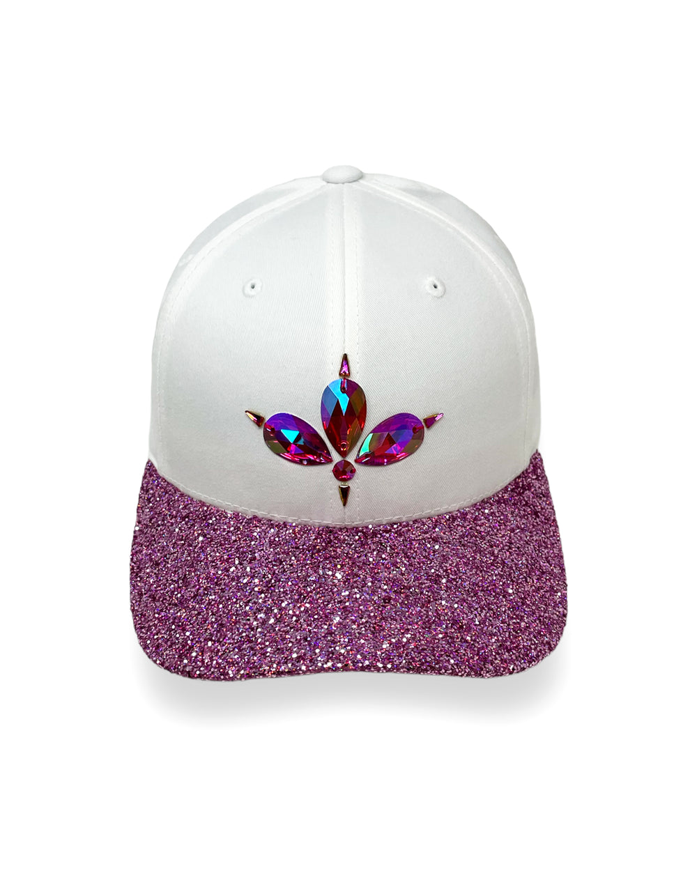 White curved peak cap with a pink glitter mix peak and 3D Jukebox logo emblem centre front, stylish streetwear, eye catching accessory, adjustable, snapback, Bridal hat, party hat, festival hat, urban, crystals, rhinestones, unique headwear, made in the UK