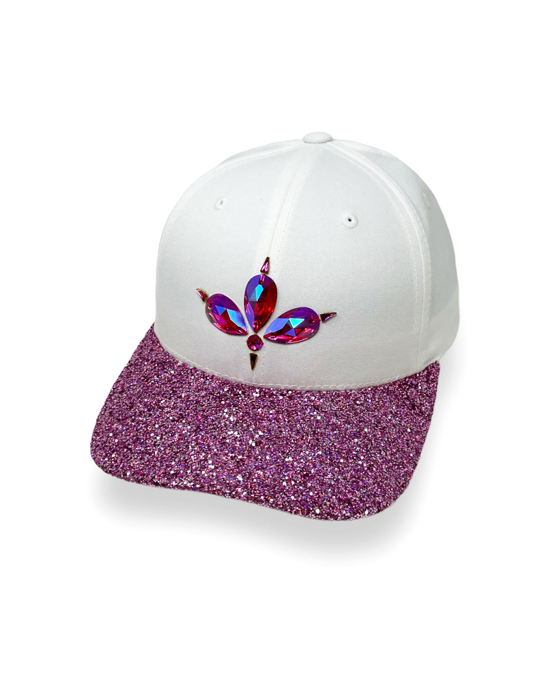 White curved peak cap with a pink glitter mix peak and 3D Jukebox logo emblem centre front, stylish streetwear, eye catching accessory, adjustable, snapback, Bridal hat, party hat, festival hat, urban, crystals, rhinestones, unique headwear, made in the UK