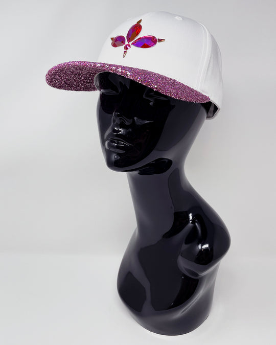 White curved peak cap with a pink glitter mix peak and 3D Jukebox logo emblem centre front, stylish streetwear, eye catching accessory, adjustable, snapback, Bridal hat, party hat, festival hat, urban, crystals, rhinestones, unique headwear, made in the UK