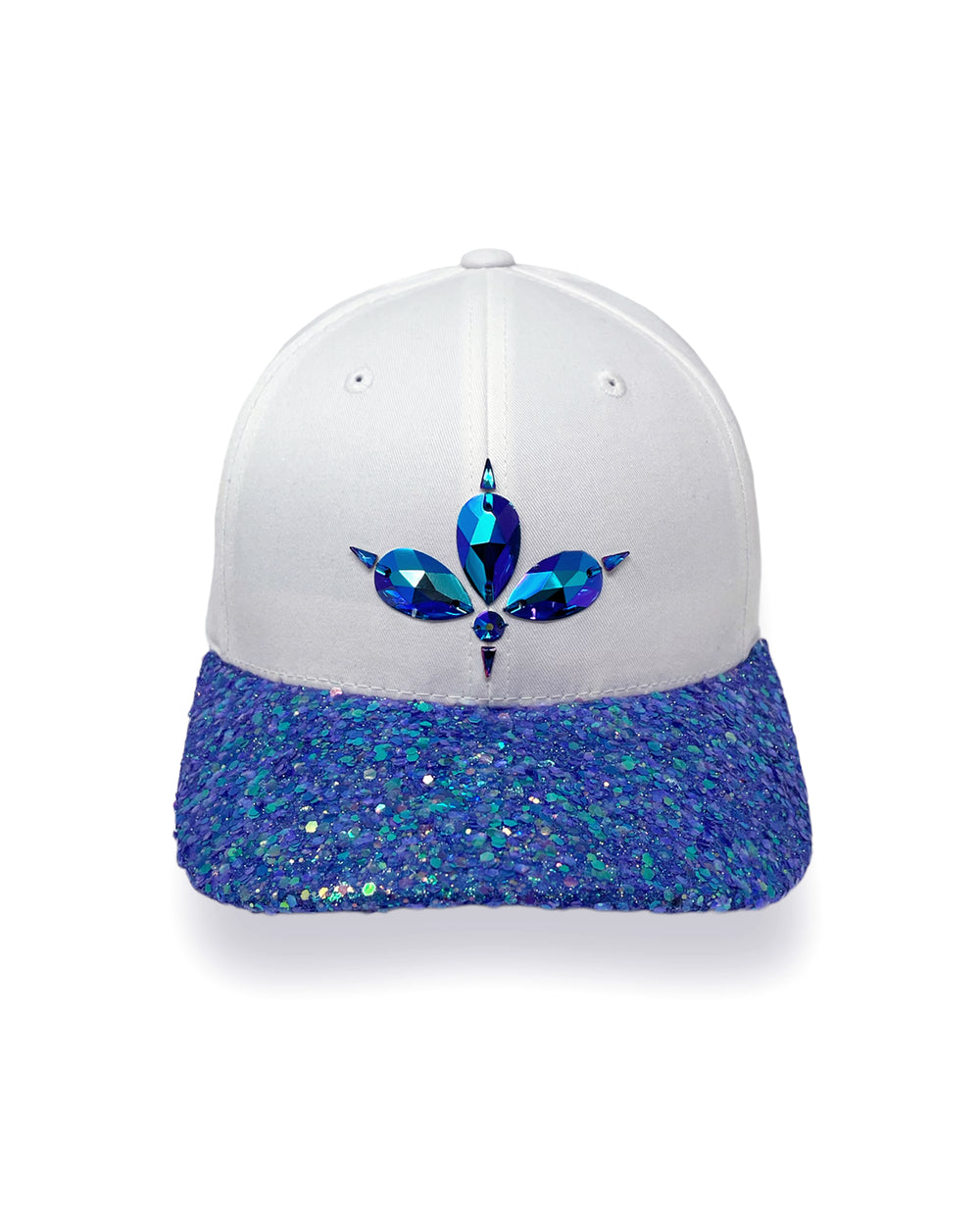 White curved peak cap with a blue violet glitter mix peak and 3D Jukebox logo emblem centre front, stylish streetwear, eye catching accessory, adjustable, snapback, Bridal hat, iridescent, party hat, festival hat, urban, unique headwear, made in the UK