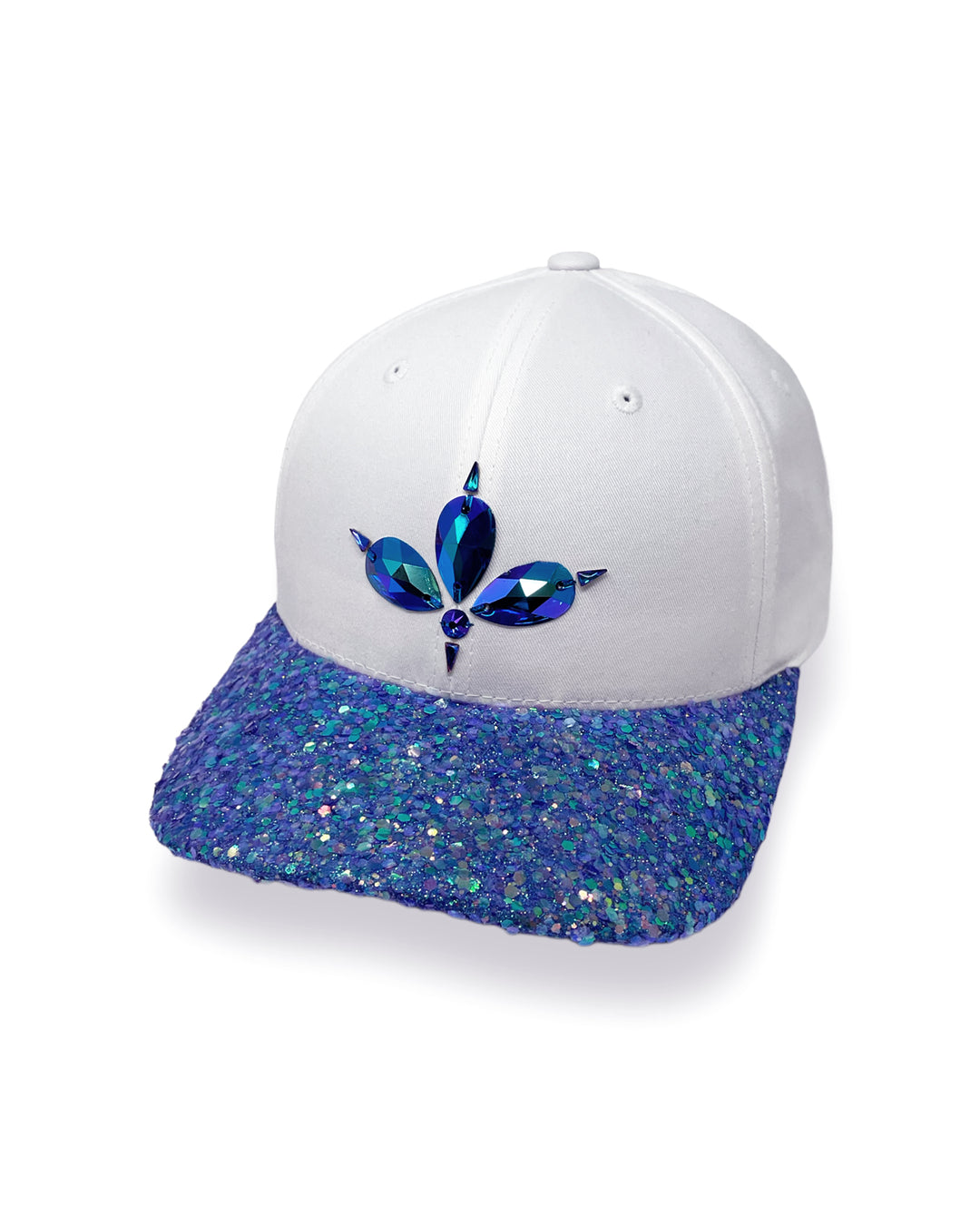 White curved peak cap with a blue violet glitter mix peak and 3D Jukebox logo emblem centre front, stylish streetwear, eye catching accessory, adjustable, snapback, Bridal hat, iridescent, party hat, festival hat, urban, unique headwear, made in the UK