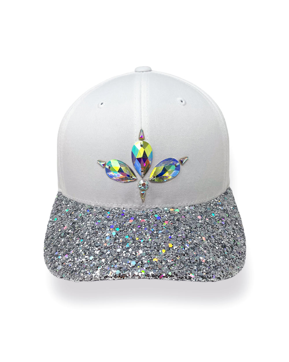 White curved peak cap with a holographic silver glitter mix peak and 3D Jukebox logo emblem centre front, stylish streetwear, eye catching accessory, adjustable, snapback, Bridal hat, iridescent, party hat, festival hat, urban, unique headwear, made in the UK