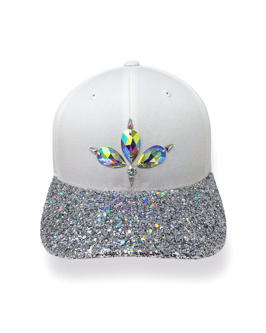 White curved peak cap with a holographic silver glitter mix peak and 3D Jukebox logo emblem centre front, stylish streetwear, eye catching accessory, adjustable, snapback, Bridal hat, iridescent, party hat, festival hat, urban, unique headwear, made in the UK