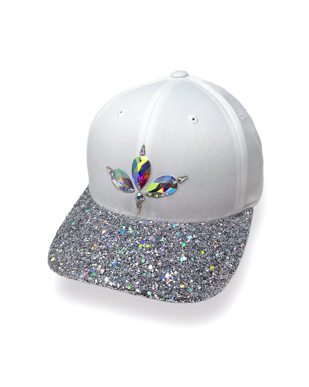 White curved peak cap with a holographic silver glitter mix peak and 3D Jukebox logo emblem centre front, stylish streetwear, eye catching accessory, adjustable, snapback, Bridal hat, iridescent, party hat, festival hat, urban, unique headwear, made in the UK