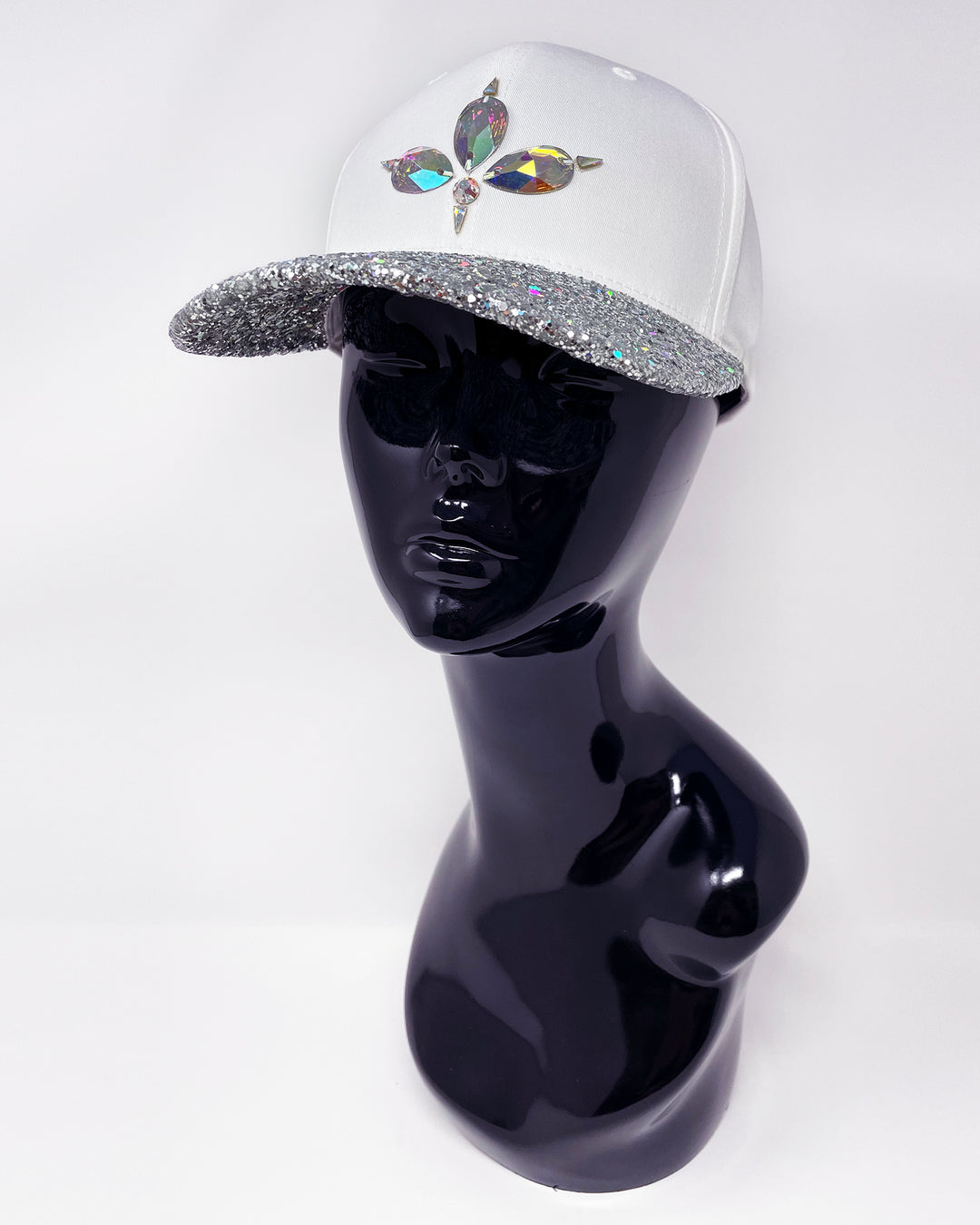 White curved peak cap with a holographic silver glitter mix peak and 3D Jukebox logo emblem centre front, stylish streetwear, eye catching accessory, adjustable, snapback, Bridal hat, iridescent, party hat, festival hat, urban, unique headwear, made in the UK
