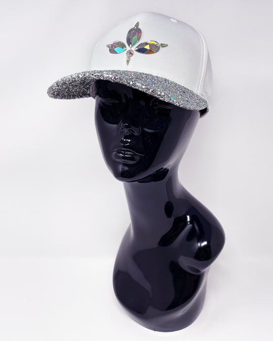 White curved peak cap with a holographic silver glitter mix peak and 3D Jukebox logo emblem centre front, stylish streetwear, eye catching accessory, adjustable, snapback, Bridal hat, iridescent, party hat, festival hat, urban, unique headwear, made in the UK