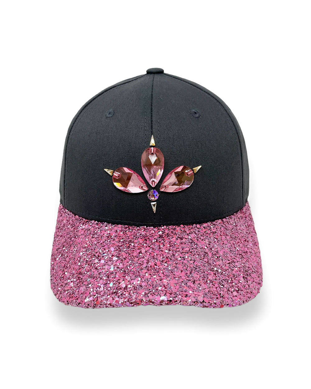 Charcoal grey curved peak cap with a pink glitter mix peak and 3D Jukebox logo emblem centre front, stylish streetwear, eye catching accessory, adjustable, snapback, party hat, festival hat, urban, unique headwear, made in the UK