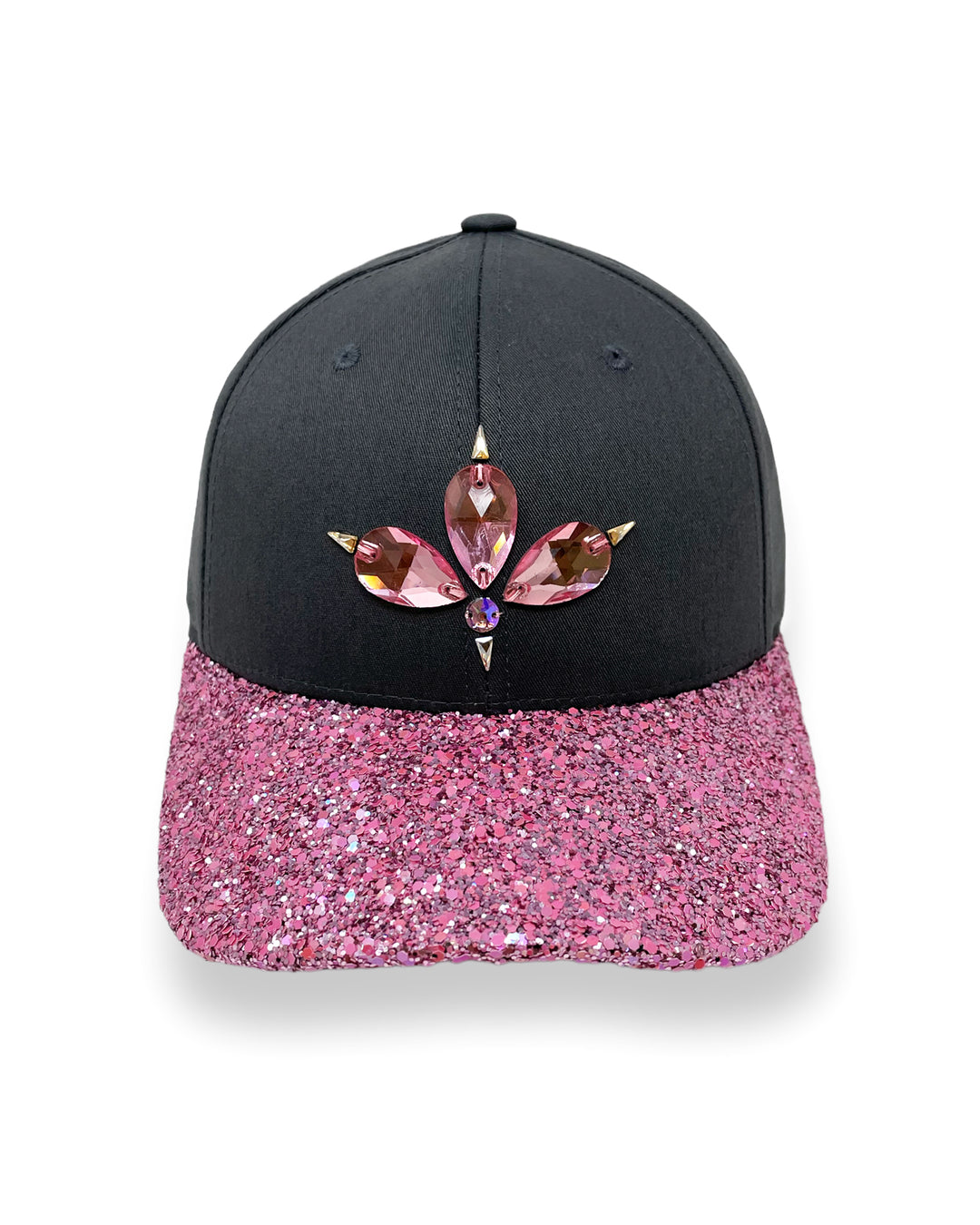 Charcoal grey curved peak cap with a pink glitter mix peak and 3D Jukebox logo emblem centre front, stylish streetwear, eye catching accessory, adjustable, snapback, party hat, festival hat, urban, unique headwear, made in the UK