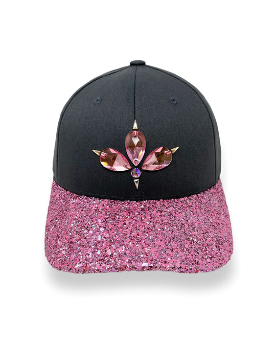 Charcoal grey curved peak cap with a pink glitter mix peak and 3D Jukebox logo emblem centre front, stylish streetwear, eye catching accessory, adjustable, snapback, party hat, festival hat, urban, unique headwear, made in the UK