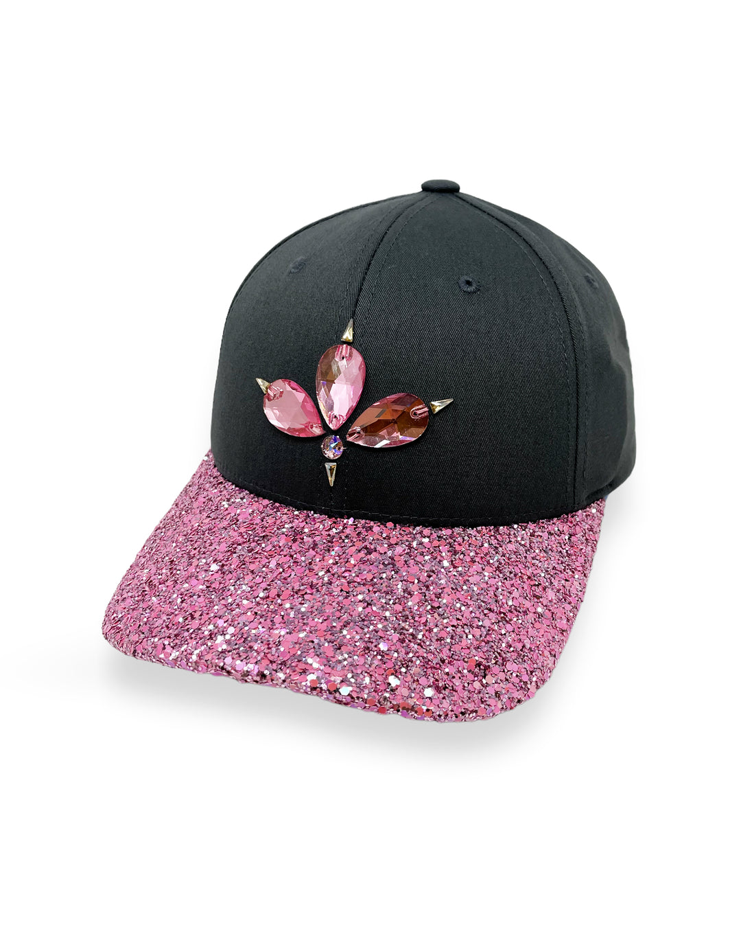 Charcoal grey curved peak cap with a pink glitter mix peak and 3D Jukebox logo emblem centre front, stylish streetwear, eye catching accessory, adjustable, snapback, party hat, festival hat, urban, unique headwear, made in the UK