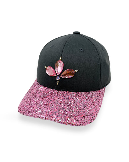Charcoal grey curved peak cap with a pink glitter mix peak and 3D Jukebox logo emblem centre front, stylish streetwear, eye catching accessory, adjustable, snapback, party hat, festival hat, urban, unique headwear, made in the UK