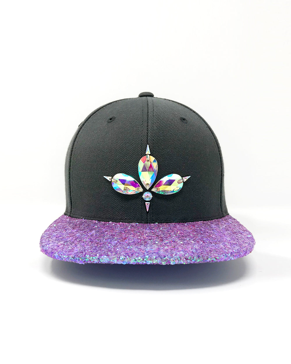 Charcoal grey flat peak cap with a lilac chunky glitter peak. 3D Jukebox logo emblem centre front, stylish streetwear, eye catching accessory, adjustable, snapback, party hat, festival hat, rave, urban, crystals, festival fashion, glow, rhinestones, unique headwear, made in the UK