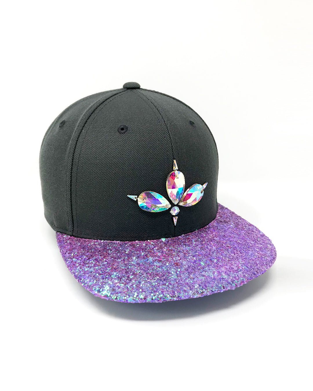 Charcoal grey flat peak cap with a lilac chunky glitter peak. 3D Jukebox logo emblem centre front, stylish streetwear, eye catching accessory, adjustable, snapback, party hat, festival hat, rave, urban, crystals, festival fashion, glow, rhinestones, unique headwear, made in the UK