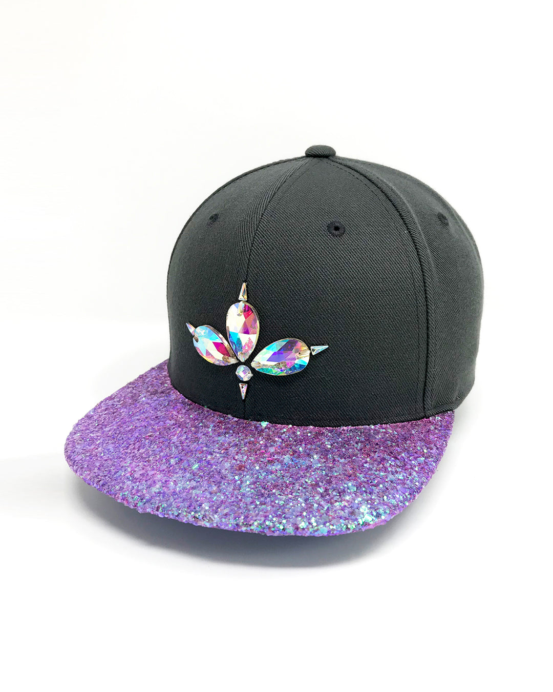 Charcoal grey flat peak cap with a lilac chunky glitter peak. 3D Jukebox logo emblem centre front, stylish streetwear, eye catching accessory, adjustable, snapback, party hat, festival hat, rave, urban, crystals, festival fashion, glow, rhinestones, unique headwear, made in the UK
