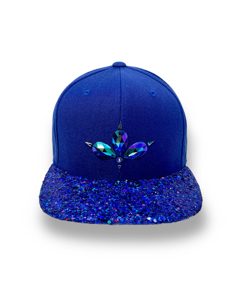 Blue flat peak cap with a blue chunky glitter peak. 3D Jukebox logo emblem centre front, stylish streetwear, eye catching accessory, adjustable, snapback, party hat, festival hat, rave, urban, crystals, Royal blue, electric blue, festival fashion, glow, rhinestones, unique headwear, made in the UK