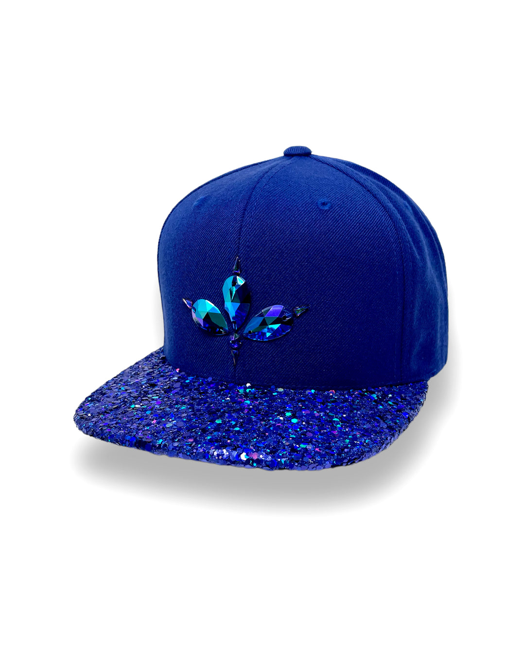Blue flat peak cap with a blue chunky glitter peak. 3D Jukebox logo emblem centre front, stylish streetwear, eye catching accessory, adjustable, snapback, party hat, festival hat, rave, urban, crystals, Royal blue, electric blue, festival fashion, glow, rhinestones, unique headwear, made in the UK