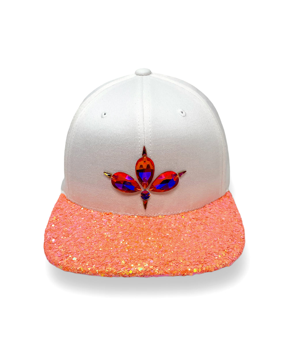 White flat peak cap with UV neon orange glitter peak. 3D Jukebox logo emblem centre front, stylish streetwear, eye catching accessory, adjustable, snapback, party hat, festival hat, rave, urban, crystals, Halloween, festival fashion, glow, rhinestones, unique headwear, made in the UK