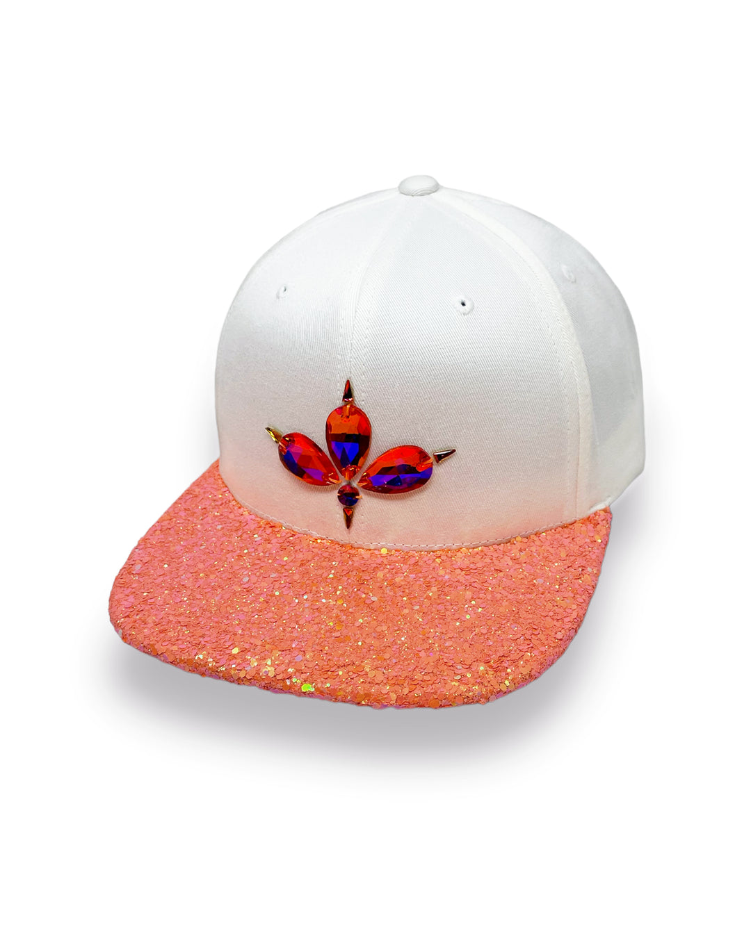 White flat peak cap with UV neon orange glitter peak. 3D Jukebox logo emblem centre front, stylish streetwear, eye catching accessory, adjustable, snapback, party hat, festival hat, rave, urban, crystals, Halloween, festival fashion, glow, rhinestones, unique headwear, made in the UK