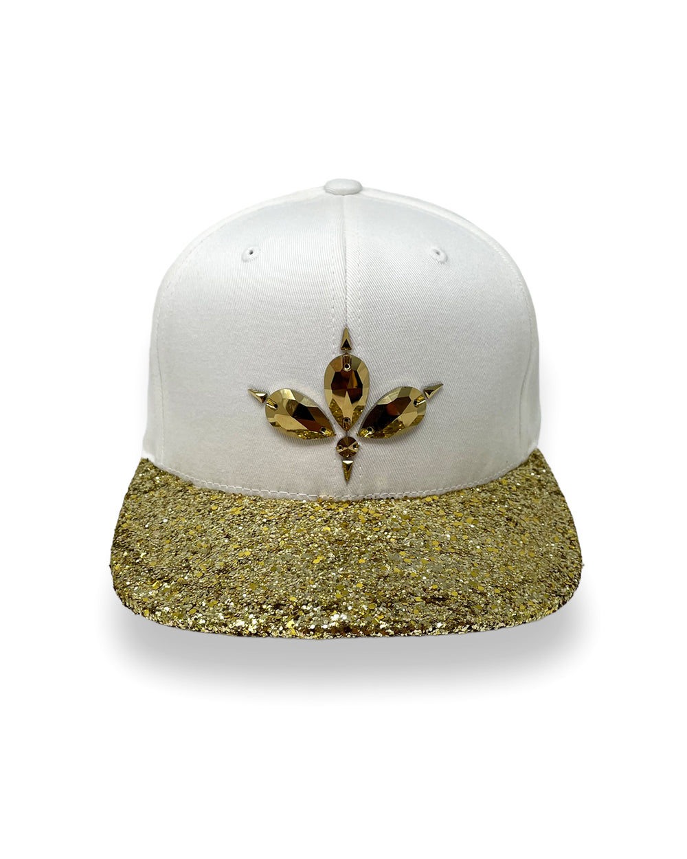 White flat peak cap with a metallic gold glitter peak. 3D Jukebox logo emblem centre front, stylish streetwear, eye catching accessory, adjustable, snapback, party hat, festival hat, rave, urban, crystals, Halloween, festival fashion, rhinestones, unique headwear, made in the UK