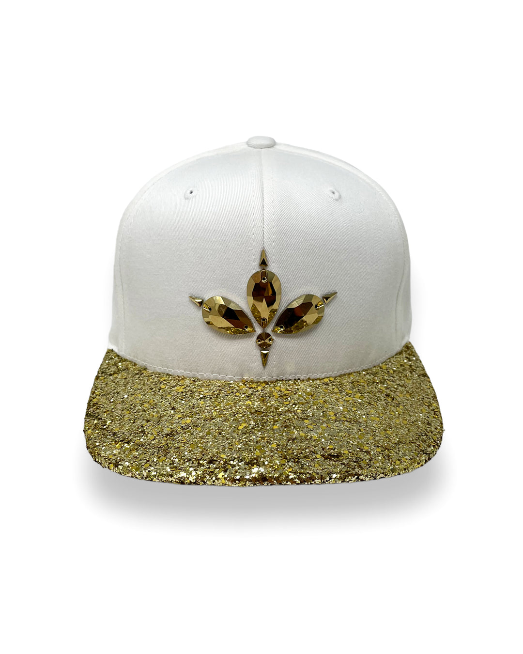 White flat peak cap with a metallic gold glitter peak. 3D Jukebox logo emblem centre front, stylish streetwear, eye catching accessory, adjustable, snapback, party hat, festival hat, rave, urban, crystals, Halloween, festival fashion, rhinestones, unique headwear, made in the UK