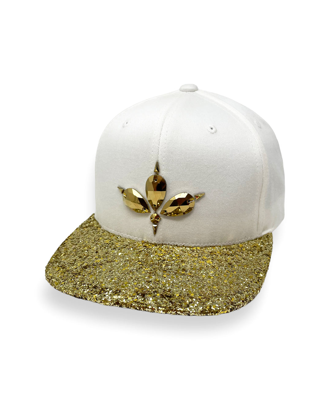 White flat peak cap with a metallic gold glitter peak. 3D Jukebox logo emblem centre front, stylish streetwear, eye catching accessory, adjustable, snapback, party hat, festival hat, rave, urban, crystals, Halloween, festival fashion, rhinestones, unique headwear, made in the UK