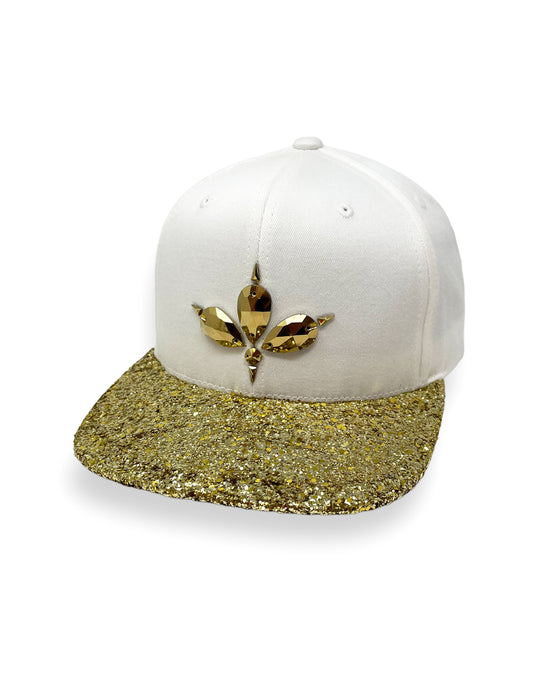 White flat peak cap with a metallic gold glitter peak. 3D Jukebox logo emblem centre front, stylish streetwear, eye catching accessory, adjustable, snapback, party hat, festival hat, rave, urban, crystals, Halloween, festival fashion, rhinestones, unique headwear, made in the UK