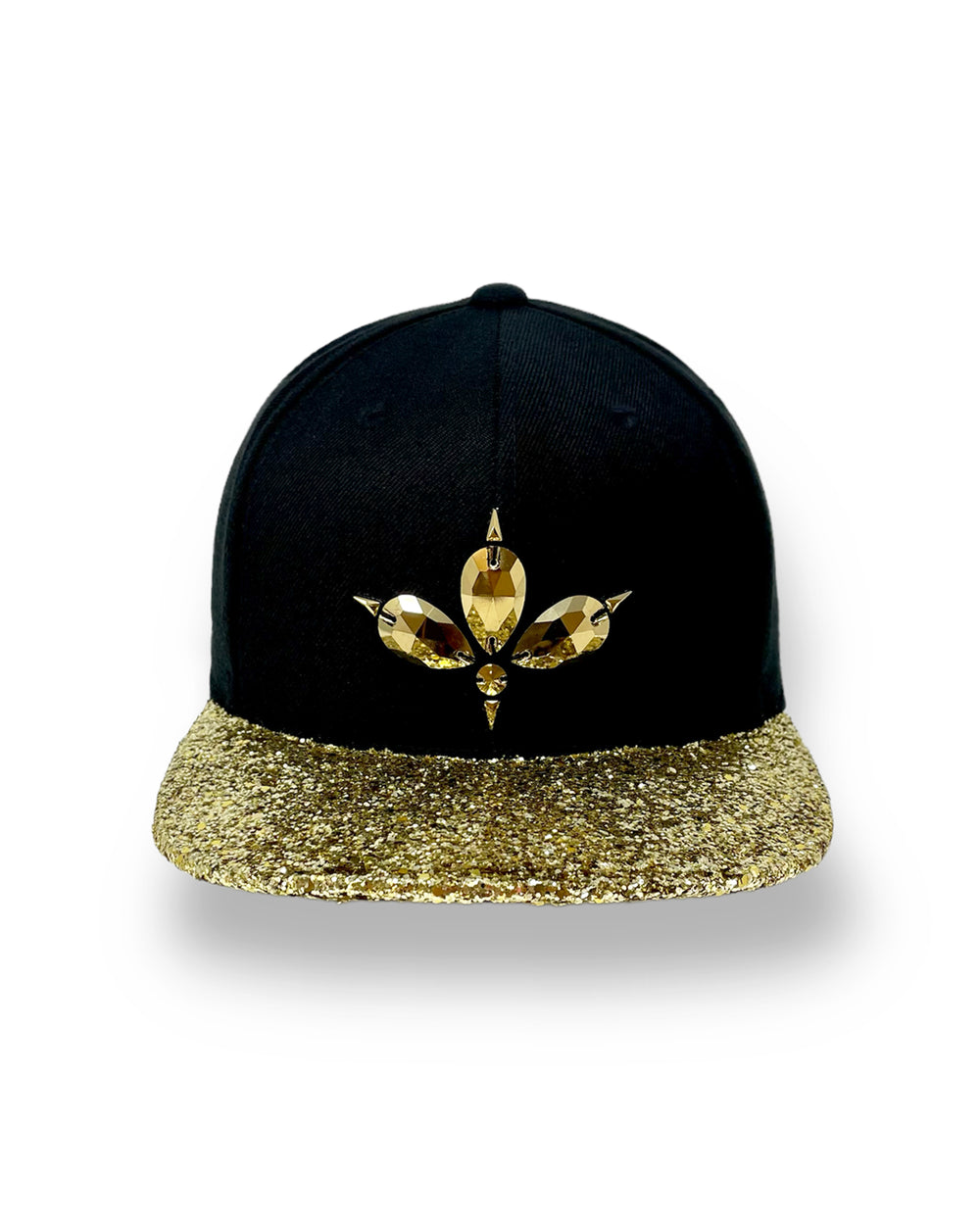 Black flat peak cap with a gold glitter  peak. 3D Jukebox logo emblem centre front, stylish streetwear, eye catching accessory, adjustable, snapback, party hat, festival hat, rave, urban, crystals, Halloween, festival fashion, rhinestones, unique headwear, made in the UK