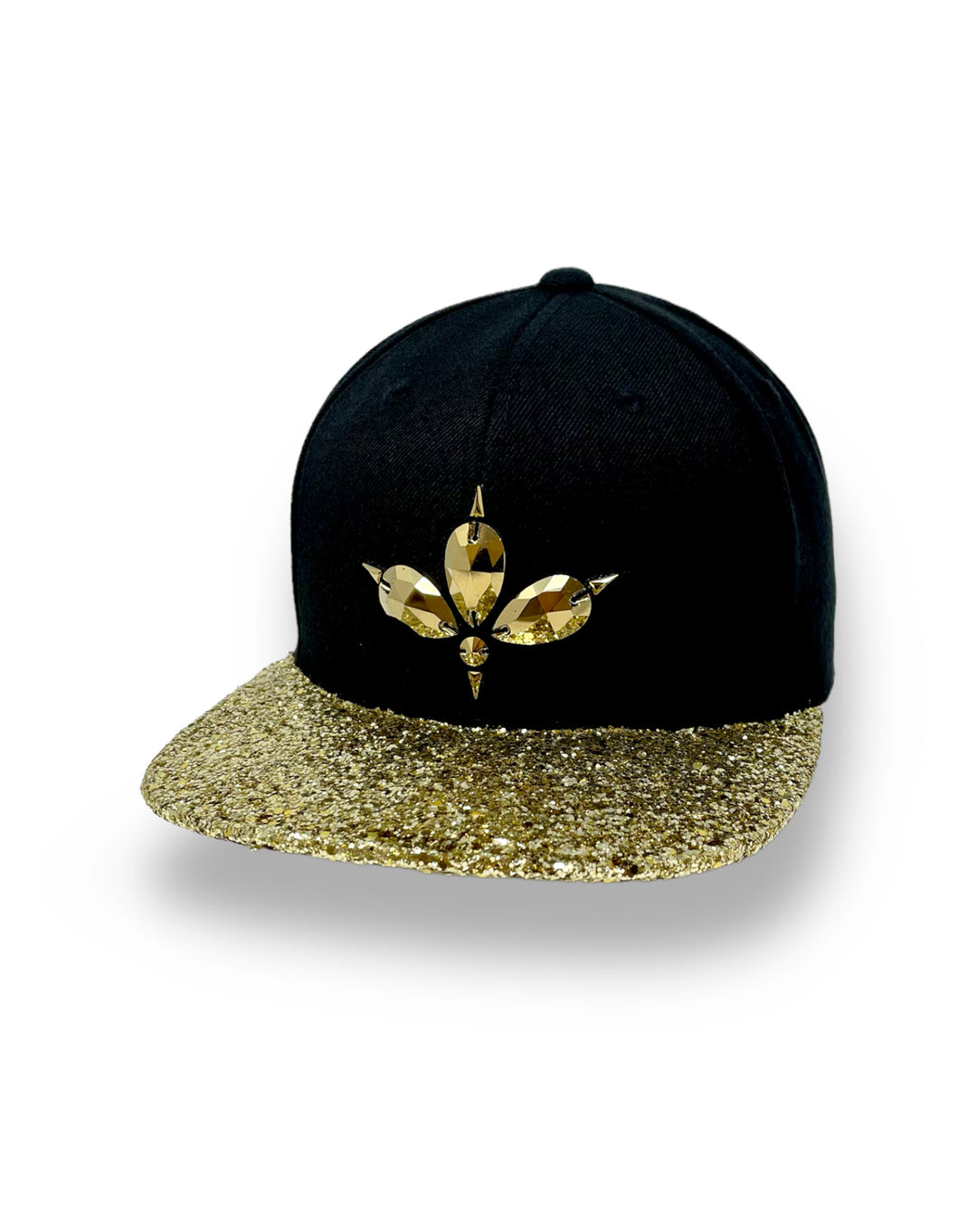 Black flat peak cap with a gold glitter  peak. 3D Jukebox logo emblem centre front, stylish streetwear, eye catching accessory, adjustable, snapback, party hat, festival hat, rave, urban, crystals, Halloween, festival fashion, rhinestones, unique headwear, made in the UK