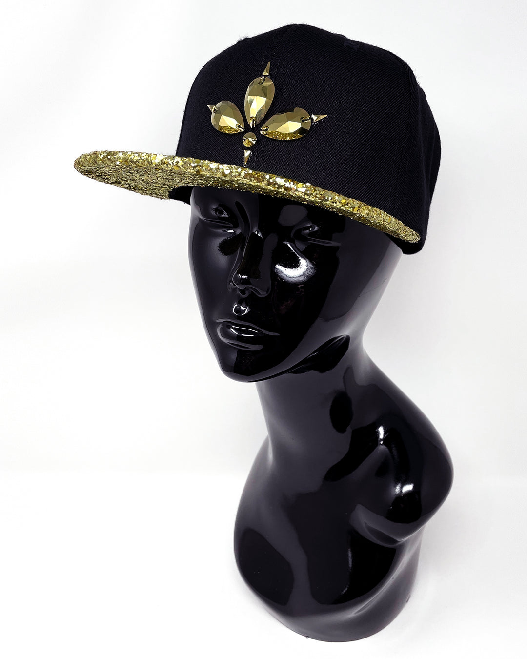  Black flat peak cap with a gold glitter  peak. 3D Jukebox logo emblem centre front, stylish streetwear, eye catching accessory, adjustable, snapback, party hat, festival hat, rave, urban, crystals, Halloween, festival fashion, rhinestones, unique headwear, made in the UK