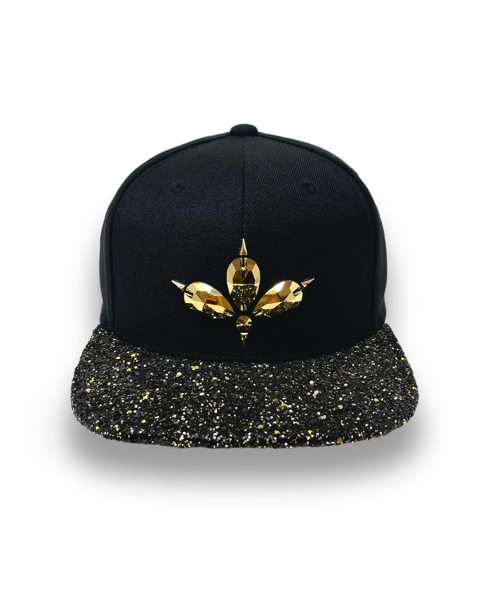 Black flat peak cap with a gold and black glitter mix peak. 3D Jukebox logo emblem centre front, stylish streetwear, eye catching accessory, adjustable, snapback, party hat, festival hat, rave, urban, crystals, Halloween, festival fashion, rhinestones, unique headwear, made in the UK