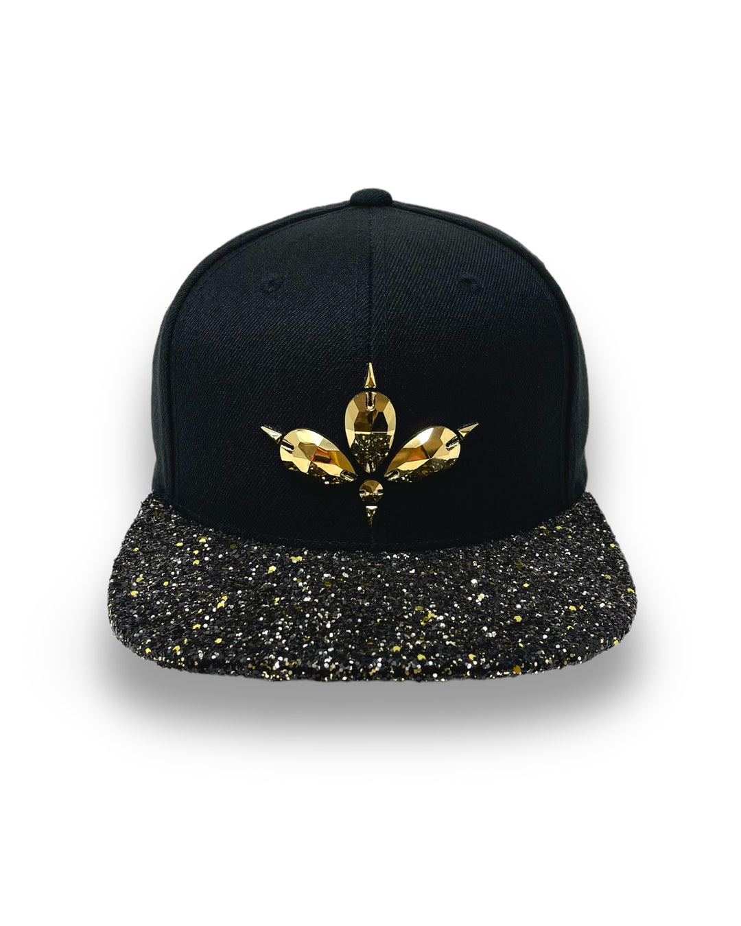 Black flat peak cap with a gold and black glitter mix peak. 3D Jukebox logo emblem centre front, stylish streetwear, eye catching accessory, adjustable, snapback, party hat, festival hat, rave, urban, crystals, Halloween, festival fashion, rhinestones, unique headwear, made in the UK