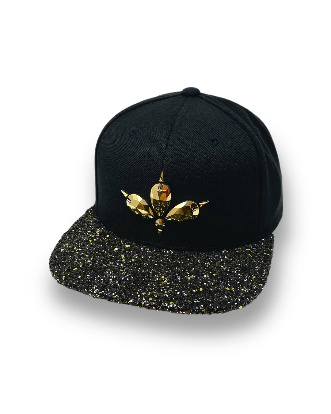 Black flat peak cap with a gold and black glitter mix peak. 3D Jukebox logo emblem centre front, stylish streetwear, eye catching accessory, adjustable, snapback, party hat, festival hat, rave, urban, crystals, Halloween, festival fashion, rhinestones, unique headwear, made in the UK
