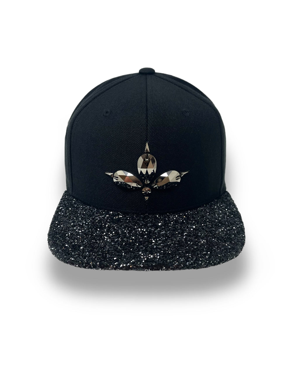 Black flat peak cap with Gunmetal and black glitter mix peak. 3D Jukebox logo emblem centre front, stylish streetwear, eye catching accessory, adjustable, snapback, party hat, festival hat, rave, urban, crystals, Halloween, festival fashion, rhinestones, unique headwear, made in the UK
