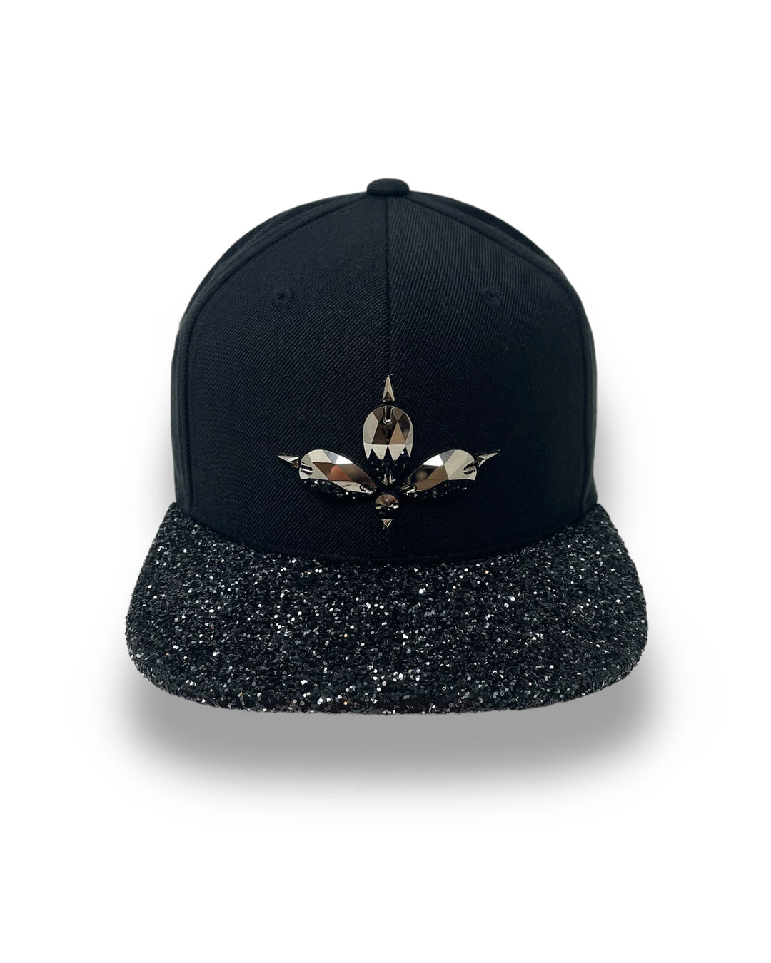 Black flat peak cap with Gunmetal and black glitter mix peak. 3D Jukebox logo emblem centre front, stylish streetwear, eye catching accessory, adjustable, snapback, party hat, festival hat, rave, urban, crystals, Halloween, festival fashion, rhinestones, unique headwear, made in the UK
