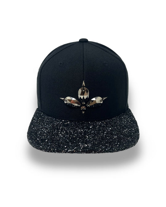 Black flat peak cap with Gunmetal and black glitter mix peak. 3D Jukebox logo emblem centre front, stylish streetwear, eye catching accessory, adjustable, snapback, party hat, festival hat, rave, urban, crystals, Halloween, festival fashion, rhinestones, unique headwear, made in the UK
