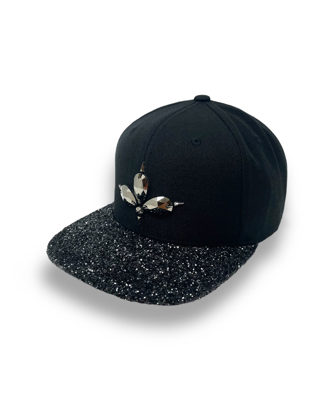 Black flat peak cap with Gunmetal and black glitter mix peak. 3D Jukebox logo emblem centre front, stylish streetwear, eye catching accessory, adjustable, snapback, party hat, festival hat, rave, urban, crystals, Halloween, festival fashion, rhinestones, unique headwear, made in the UK